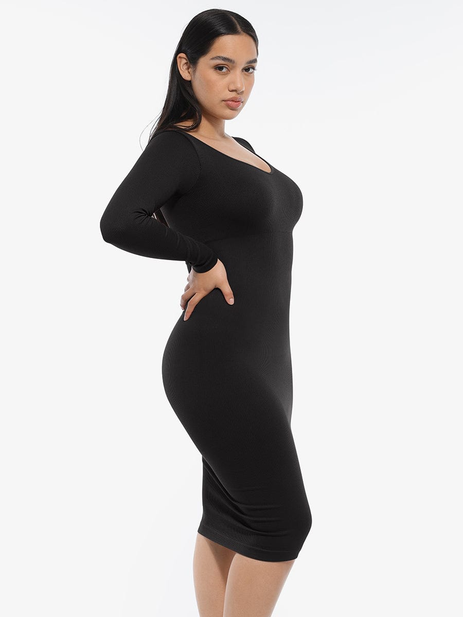 Seamless V-Neck Long Sleeve Waist Trimming Dress