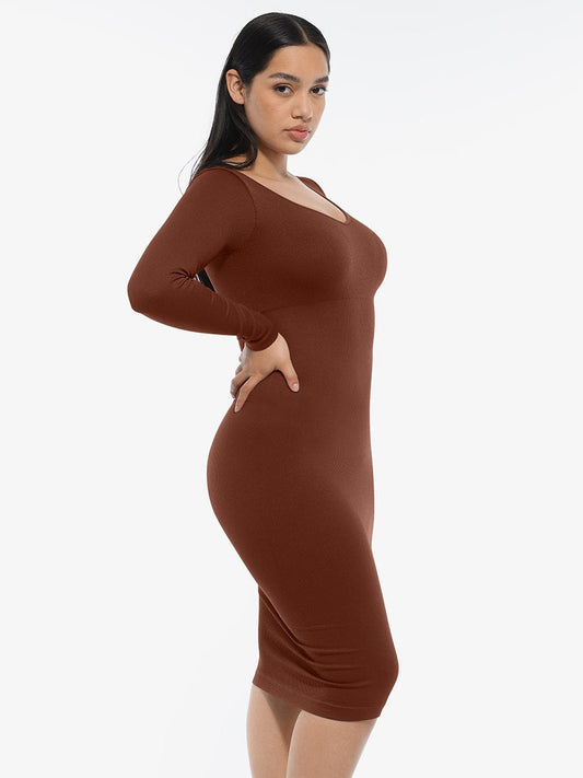 Seamless V-Neck Long Sleeve Waist Trimming Dress