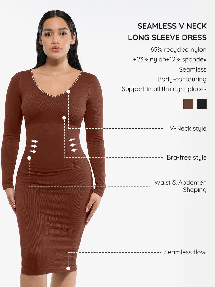 Seamless V-Neck Long Sleeve Waist Trimming Dress