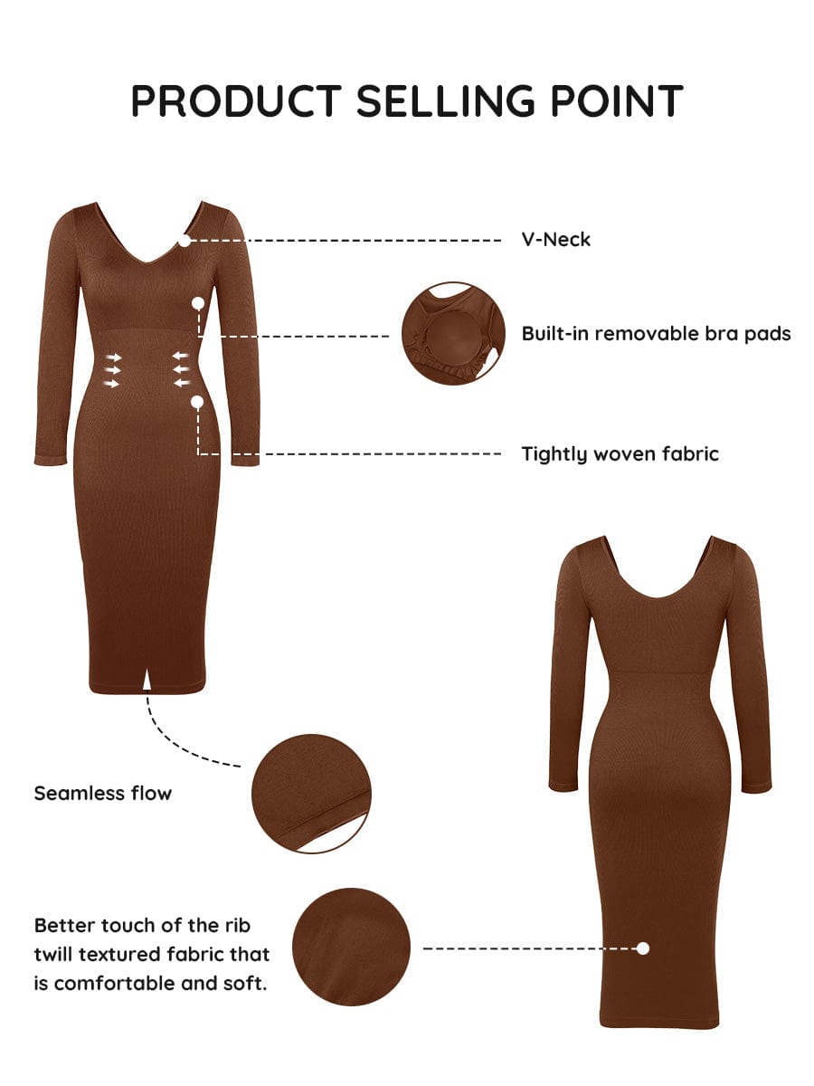 Seamless V-Neck Long Sleeve Waist Trimming Dress