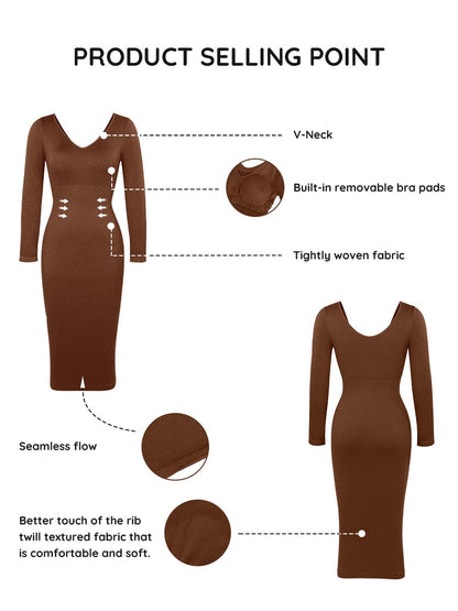 Seamless V-Neck Long Sleeve Waist Trimming Dress
