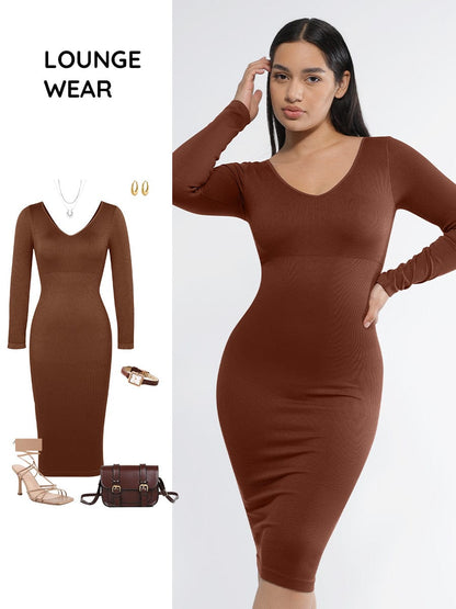 Seamless V-Neck Long Sleeve Waist Trimming Dress