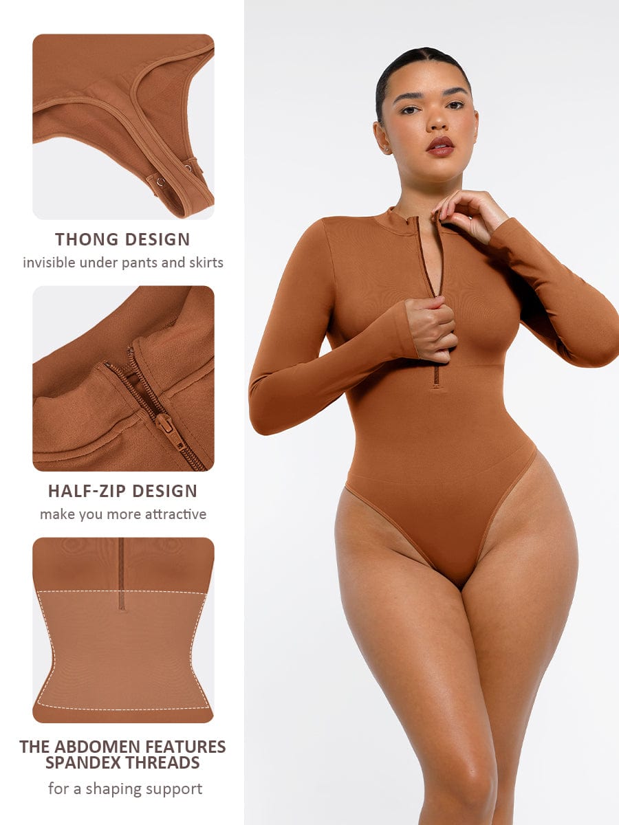 Seamless Long Sleeve Zipper Thong Bodysuit