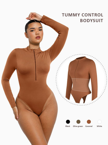 Seamless Long Sleeve Zipper Thong Bodysuit