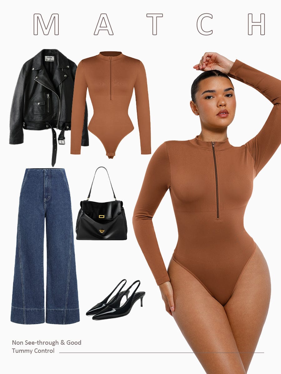 Seamless Long Sleeve Zipper Thong Bodysuit