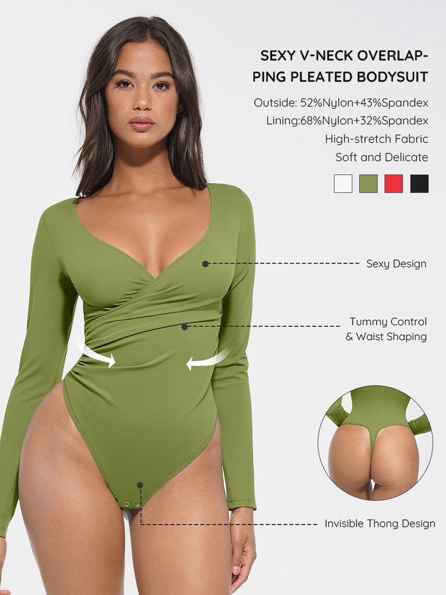 Sexy V-Neck Overlapping Pleated Waist & Tummy Control Bodysuit