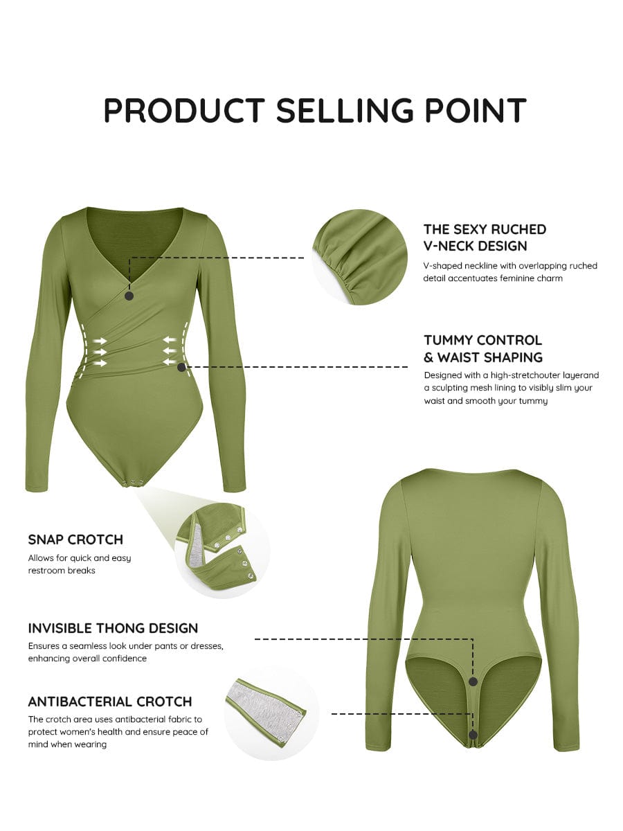 Sexy V-Neck Overlapping Pleated Waist & Tummy Control Bodysuit