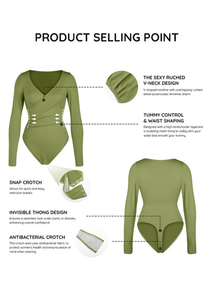 Sexy V-Neck Overlapping Pleated Waist & Tummy Control Bodysuit