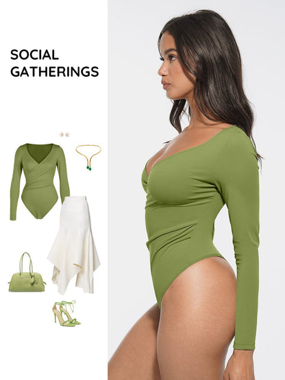 Sexy V-Neck Overlapping Pleated Waist & Tummy Control Bodysuit