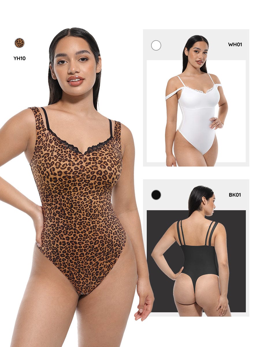 Lace V-Neck T-Back Shaping Thong Bodysuit | Waist & Abdomen Control