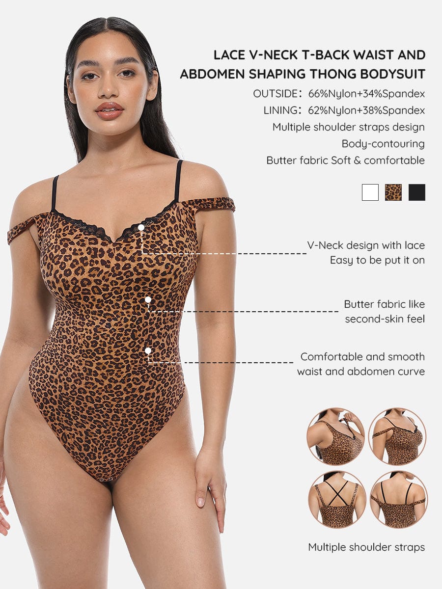 Lace V-Neck T-Back Shaping Thong Bodysuit | Waist & Abdomen Control