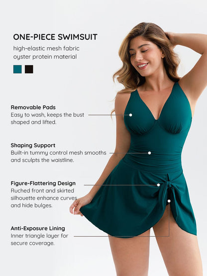 Deep V Metal Ring Drawstring Tummy Control One-Piece Swimsuit