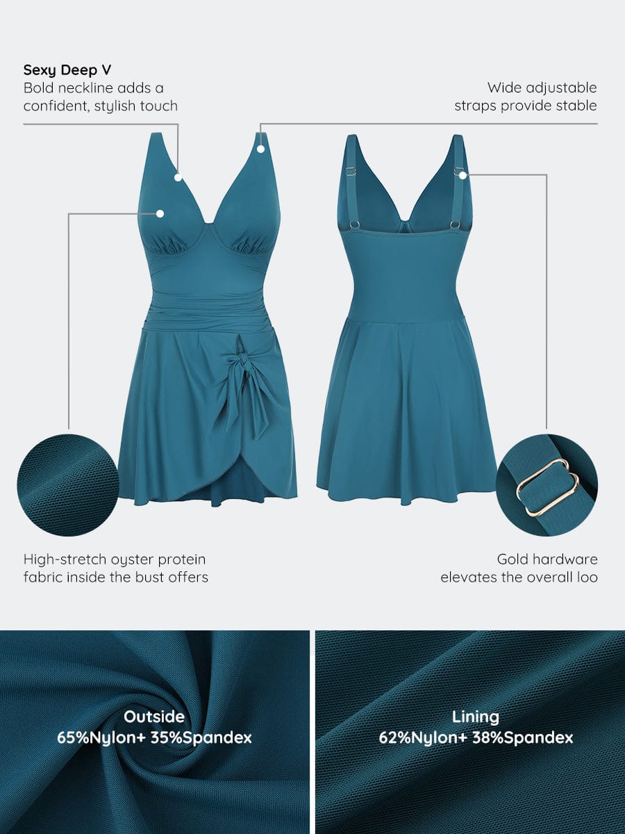 Deep V Metal Ring Drawstring Tummy Control One-Piece Swimsuit