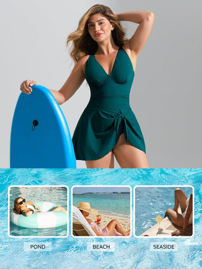 Deep V Metal Ring Drawstring Tummy Control One-Piece Swimsuit