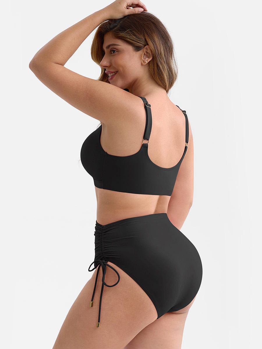 Deep V Metal Ring Drawstring Tummy Control One-Piece Swimsuit