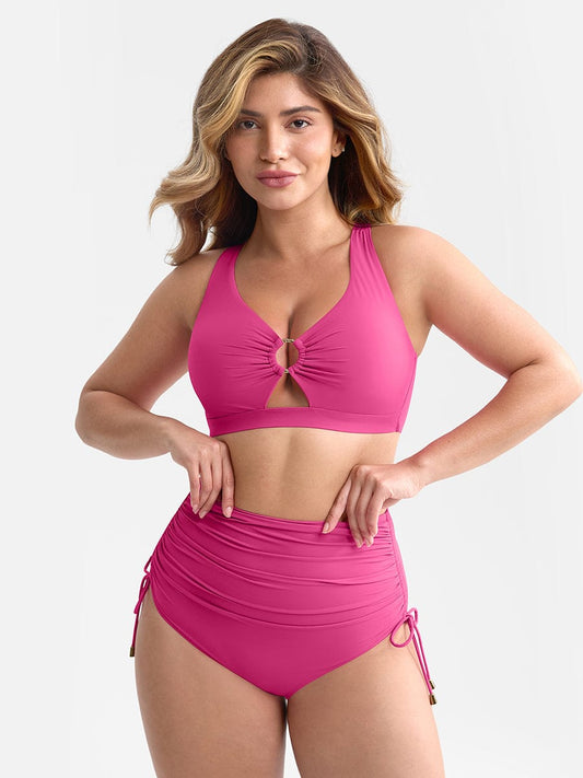 Deep V Metal Ring Drawstring Tummy Control One-Piece Swimsuit