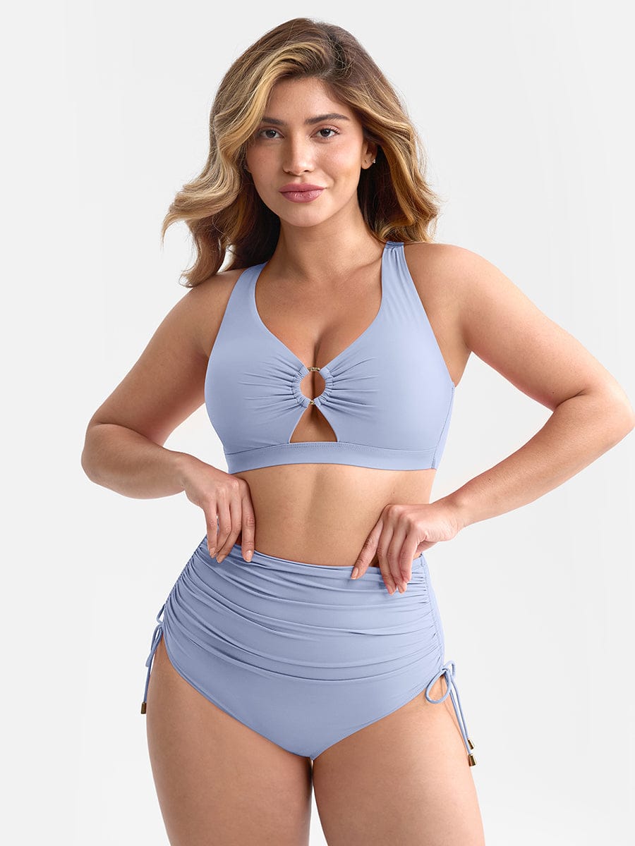 Deep V Metal Ring Drawstring Tummy Control One-Piece Swimsuit