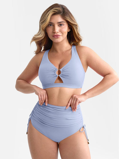 Deep V Metal Ring Drawstring Tummy Control One-Piece Swimsuit