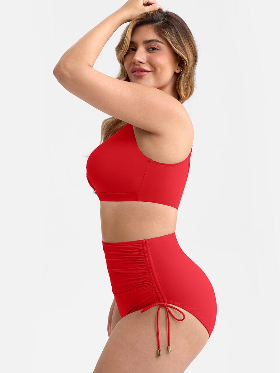Deep V Metal Ring Drawstring Tummy Control One-Piece Swimsuit