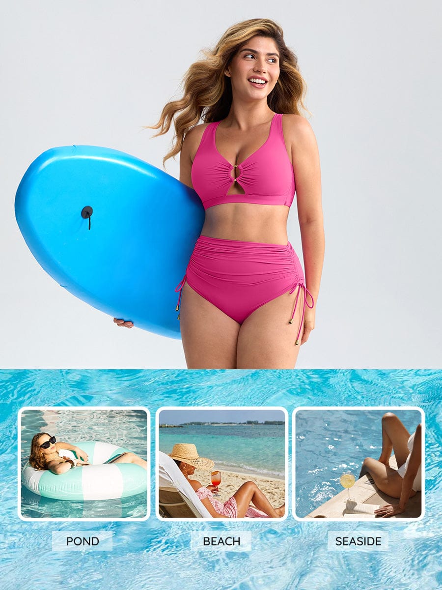 Deep V Metal Ring Drawstring Tummy Control One-Piece Swimsuit