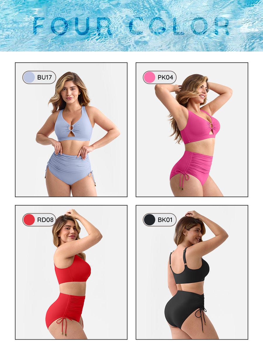 Deep V Metal Ring Drawstring Tummy Control One-Piece Swimsuit