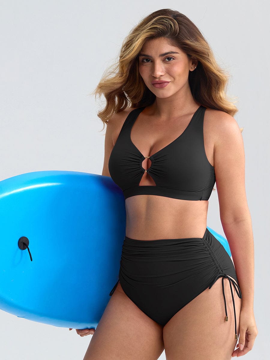 Deep V Metal Ring Drawstring Tummy Control One-Piece Swimsuit