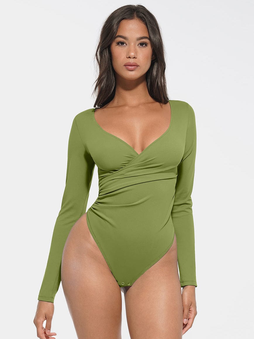 Sexy V-Neck Overlapping Pleated Waist & Tummy Control Bodysuit