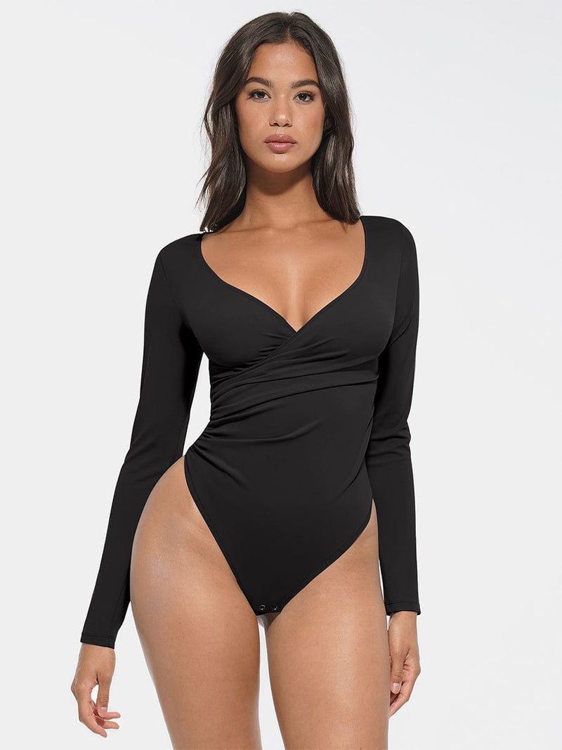 Sexy V-Neck Overlapping Pleated Waist & Tummy Control Bodysuit