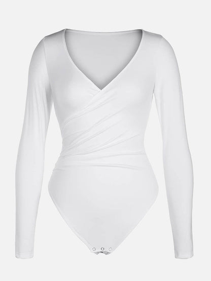 Sexy V-Neck Overlapping Pleated Waist & Tummy Control Bodysuit