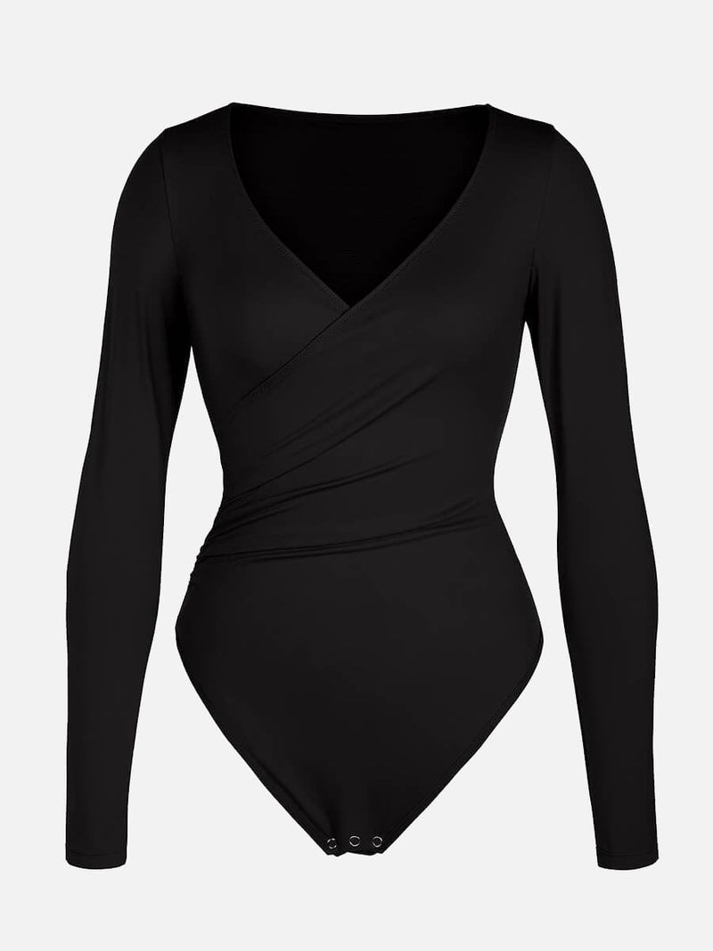 Sexy V-Neck Overlapping Pleated Waist & Tummy Control Bodysuit