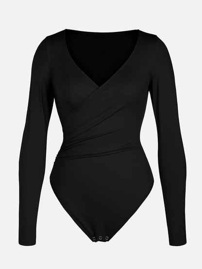 Sexy V-Neck Overlapping Pleated Waist & Tummy Control Bodysuit