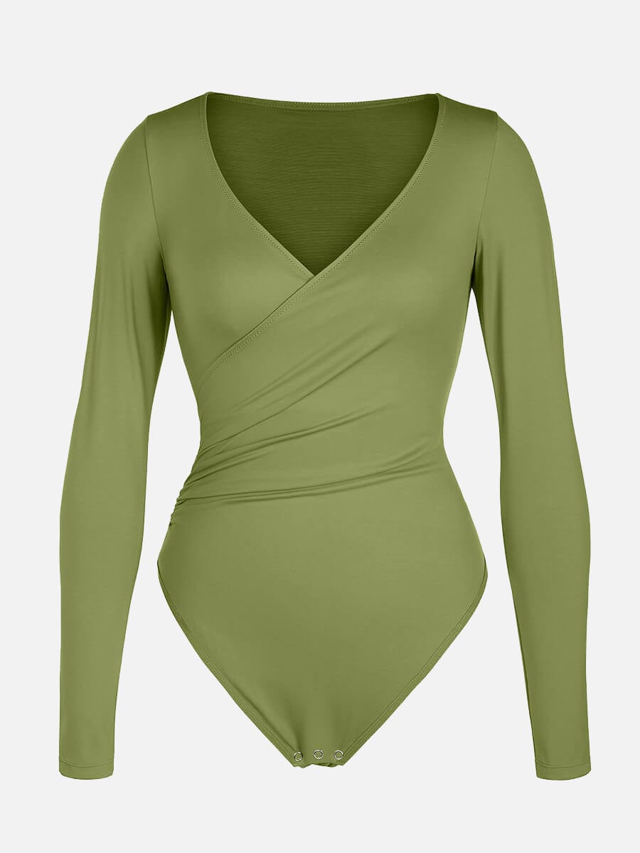 Sexy V-Neck Overlapping Pleated Waist & Tummy Control Bodysuit