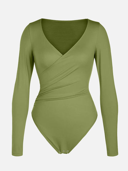 Sexy V-Neck Overlapping Pleated Waist & Tummy Control Bodysuit