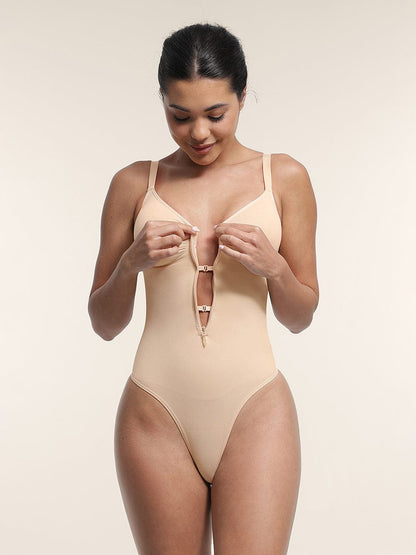 Seamless Plunge Chest-Support Bodysuit with Inner Clips
