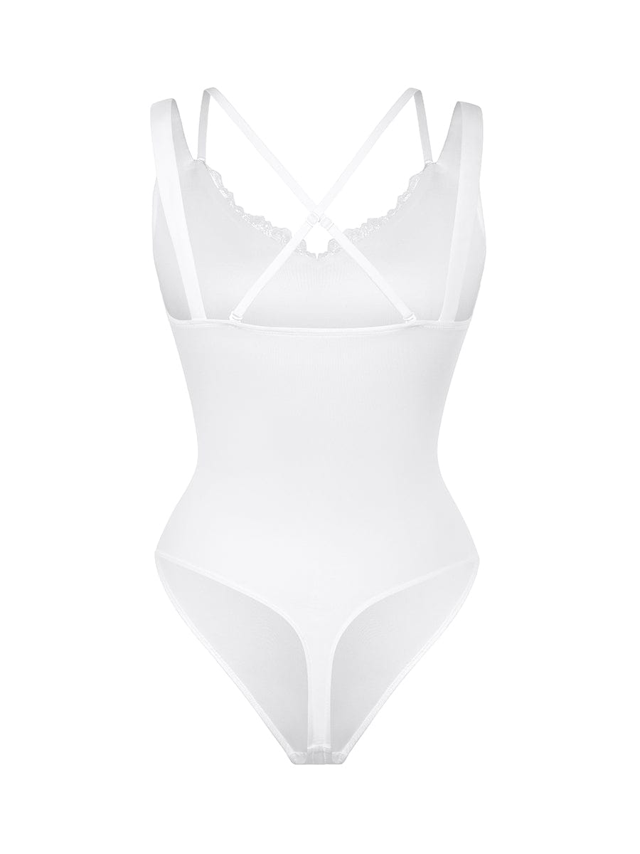 Lace V-Neck T-Back Shaping Thong Bodysuit | Waist & Abdomen Control