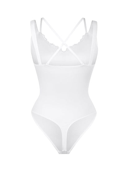 Lace V-Neck T-Back Shaping Thong Bodysuit | Waist & Abdomen Control