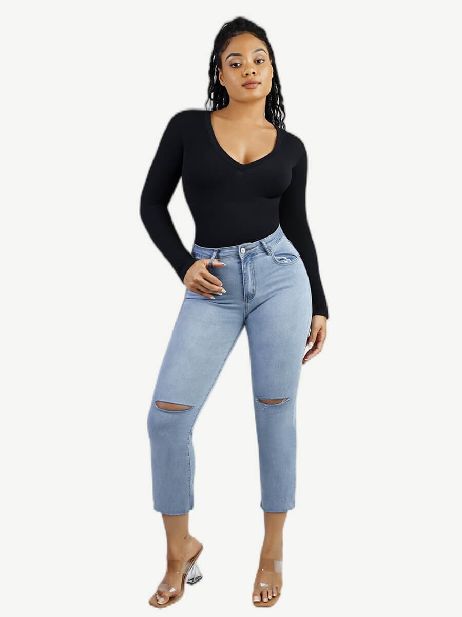 Long-Sleeved V-Neck Waist-Shaping Tummy Control Seamless Bodysuit