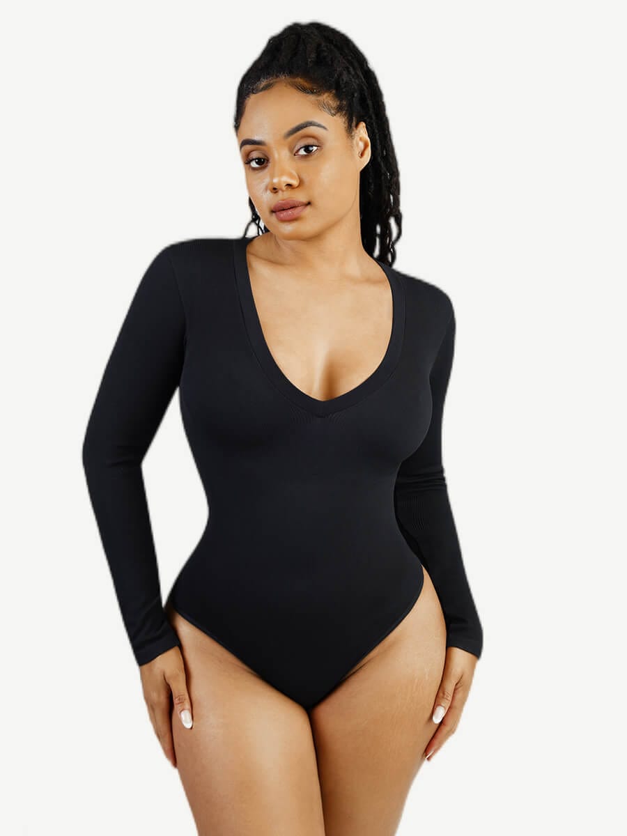 Long-Sleeved V-Neck Waist-Shaping Tummy Control Seamless Bodysuit