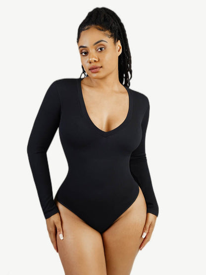 Long-Sleeved V-Neck Waist-Shaping Tummy Control Seamless Bodysuit