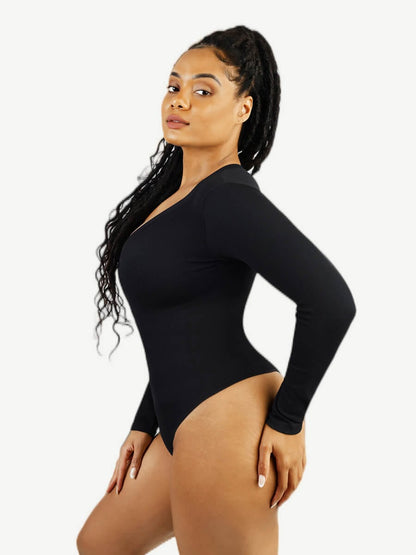 Long-Sleeved V-Neck Waist-Shaping Tummy Control Seamless Bodysuit