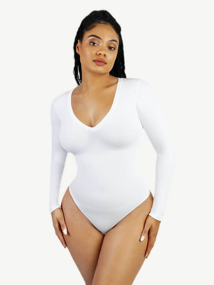 Long-Sleeved V-Neck Waist-Shaping Tummy Control Seamless Bodysuit