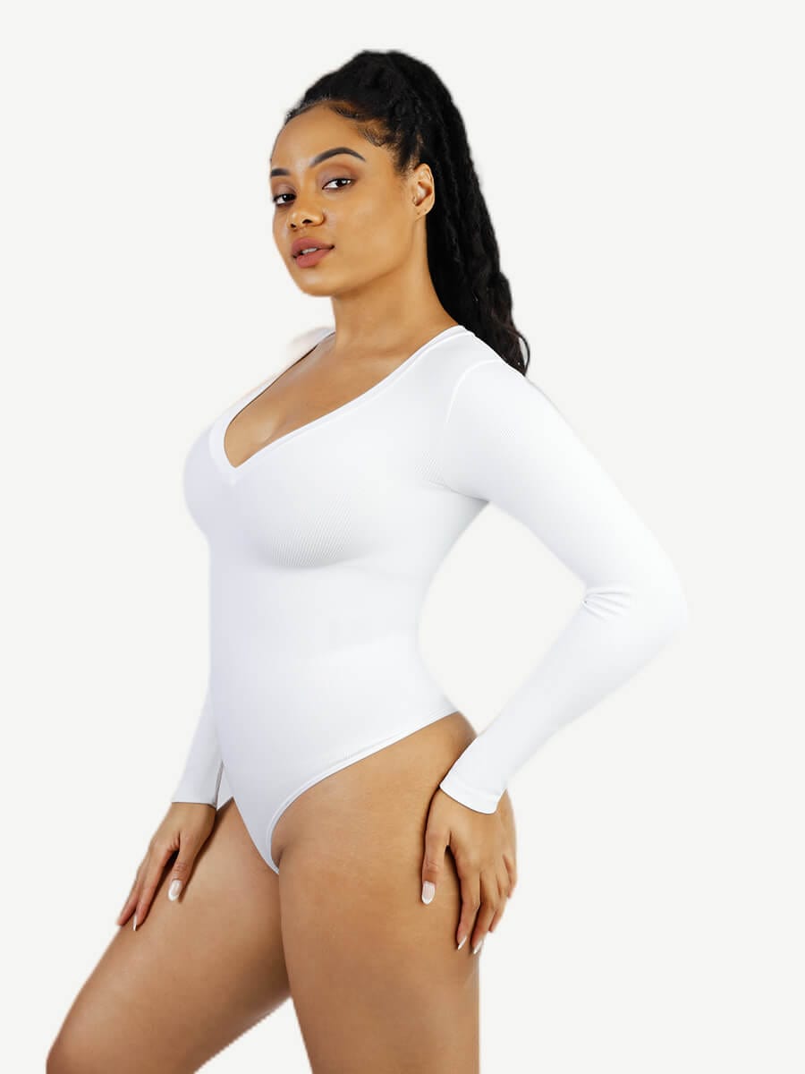 Long-Sleeved V-Neck Waist-Shaping Tummy Control Seamless Bodysuit
