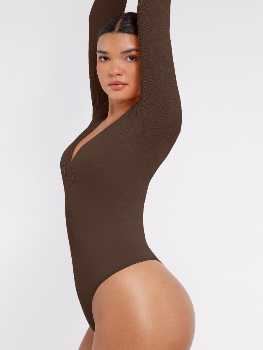 Long-Sleeved V-Neck Waist-Shaping Tummy Control Seamless Bodysuit