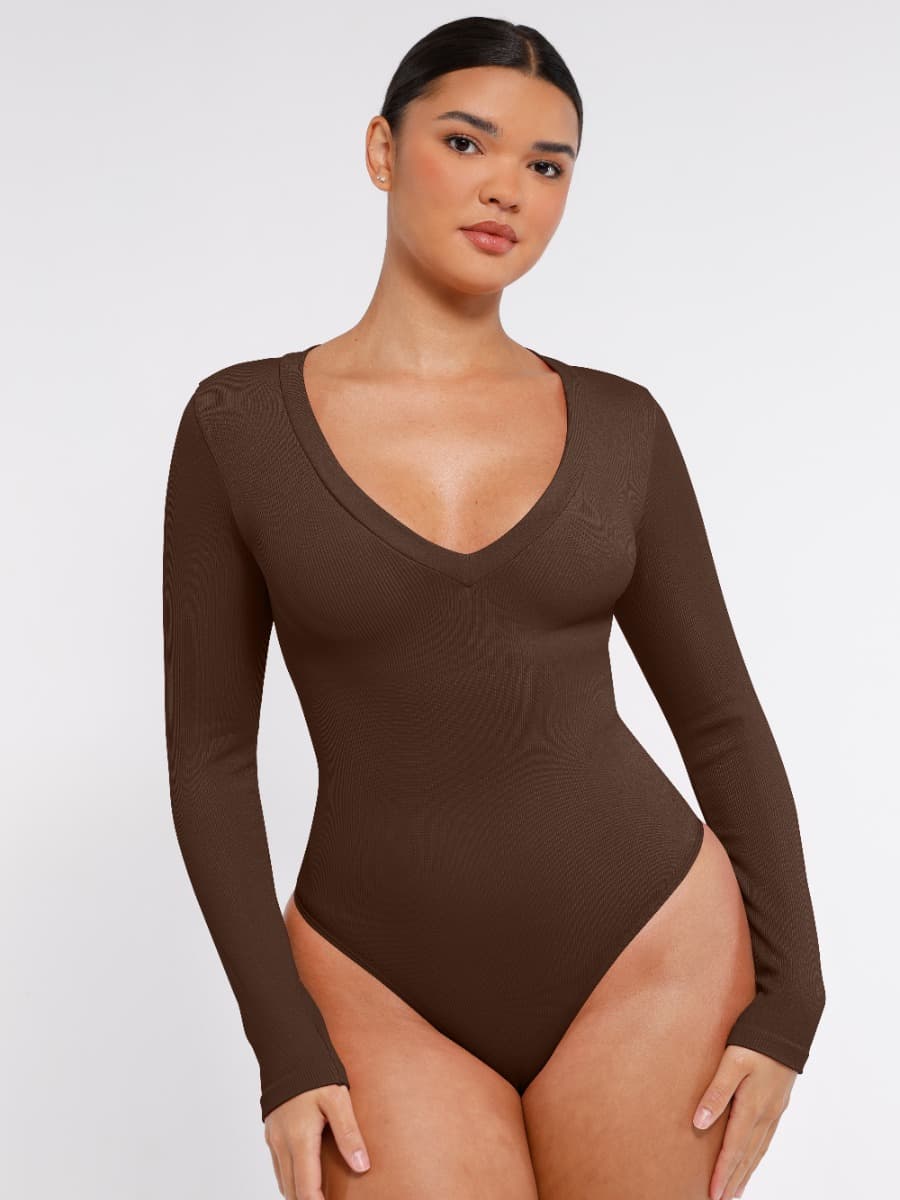 Long-Sleeved V-Neck Waist-Shaping Tummy Control Seamless Bodysuit