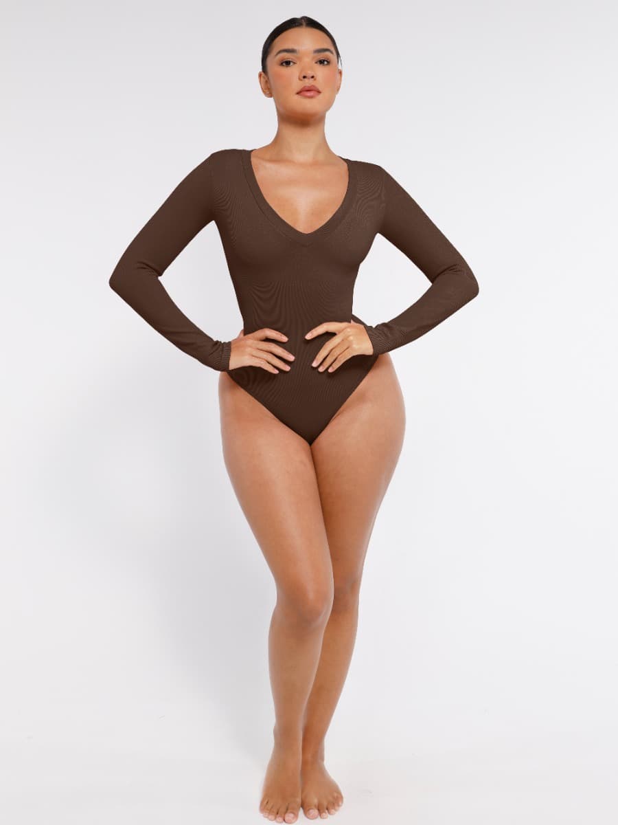 Long-Sleeved V-Neck Waist-Shaping Tummy Control Seamless Bodysuit