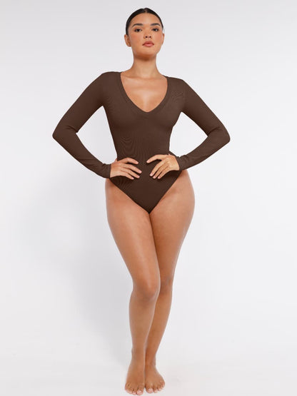 Long-Sleeved V-Neck Waist-Shaping Tummy Control Seamless Bodysuit