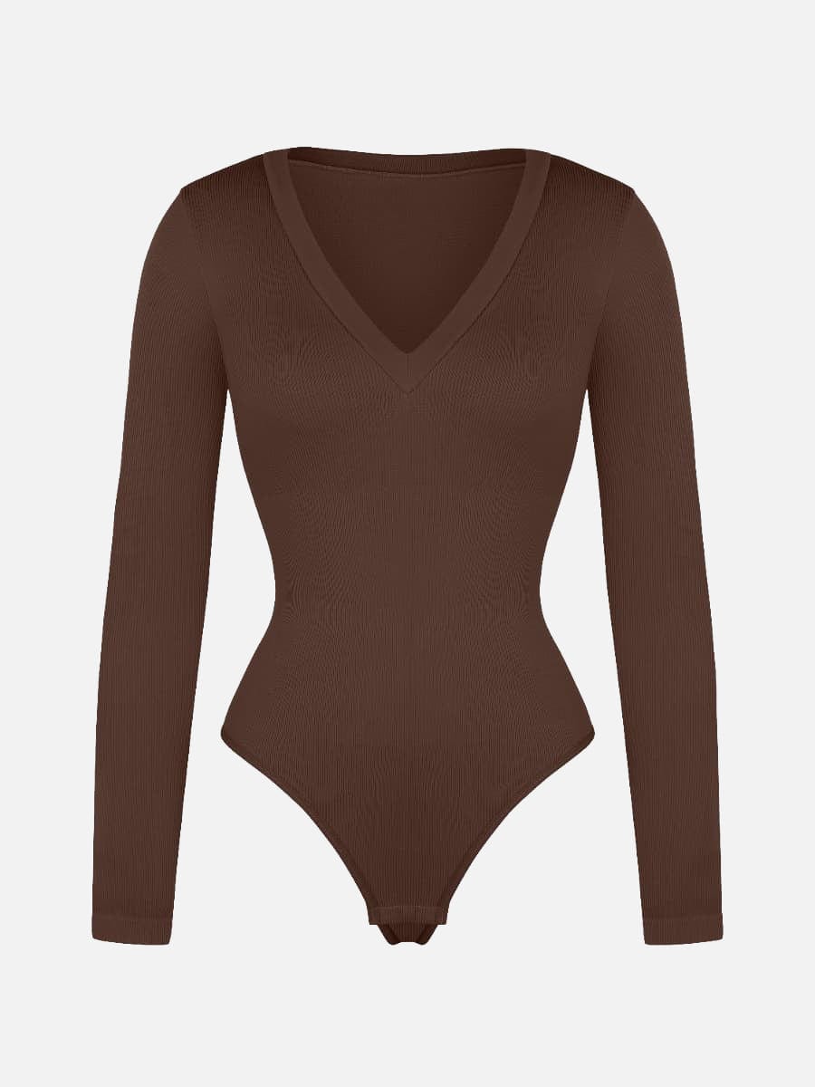 Long-Sleeved V-Neck Waist-Shaping Tummy Control Seamless Bodysuit