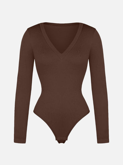 Long-Sleeved V-Neck Waist-Shaping Tummy Control Seamless Bodysuit