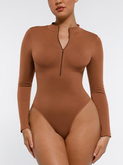 Seamless Long Sleeve Zipper Thong Bodysuit