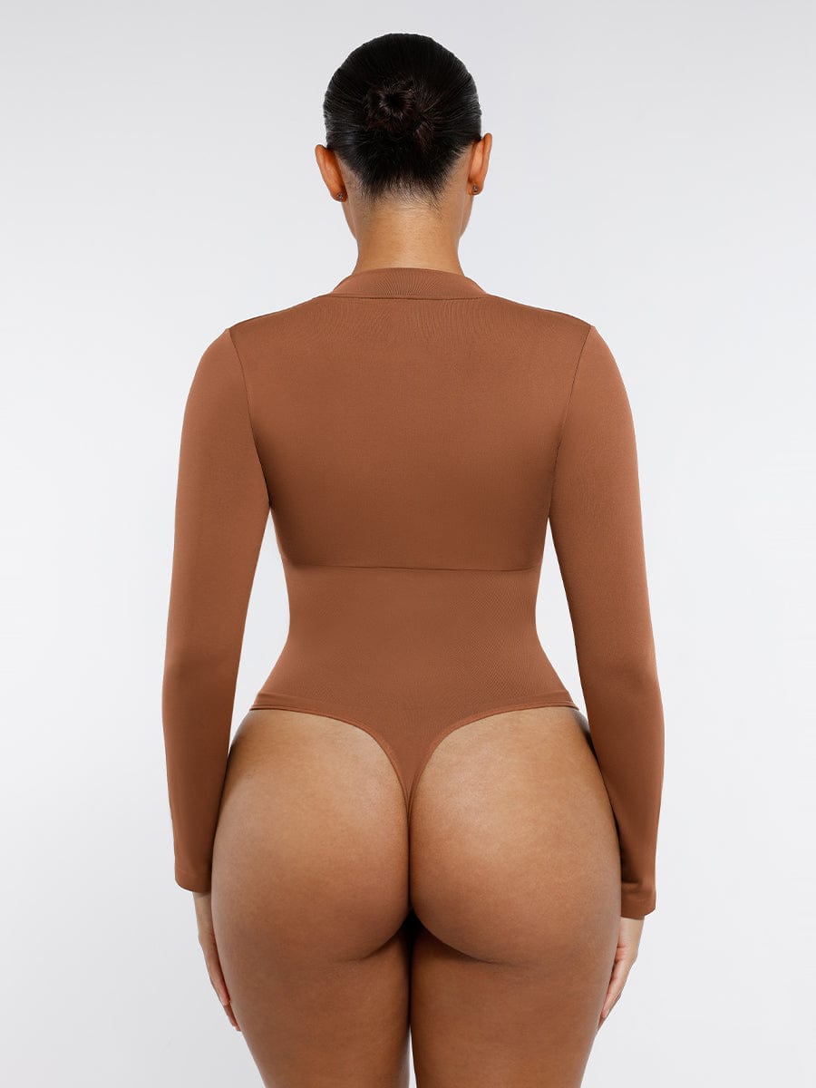Seamless Long Sleeve Zipper Thong Bodysuit
